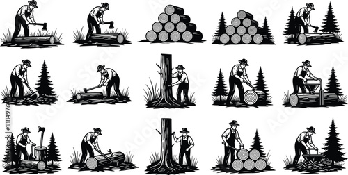 Lumberjack chopping wood and stacking logs forest silhouette collection vintage style vector set for logging and woodworking industry