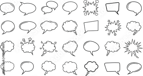 Large Collection of Hand Drawn Speech Bubbles and Comic Chat Cloud Icons Isolated on White Background for Communication Design Messaging Apps and Social Media Graphics