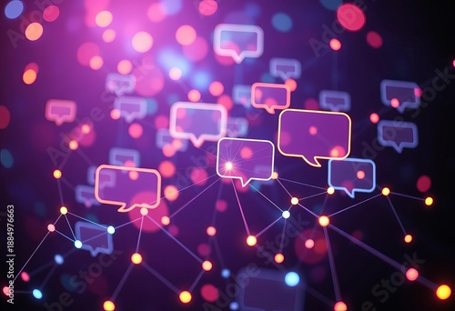 Abstract glowing network nodes forming conversation bubbles,  online,   science