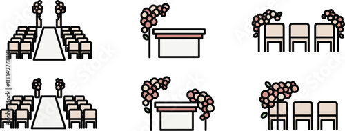 Illustrated Elements for Wedding and Event Decor Setup: Aisle, Seating, and Floral Arrangements
