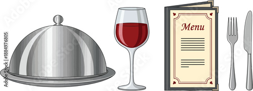 Illustration of formal dining elements including a cloche, wine glass, menu, and cutlery, representing a restaurant meal service setup.