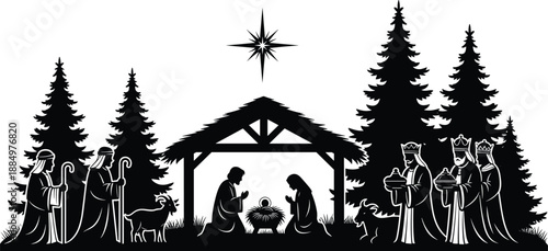Nativity scene silhouette with Mary Joseph baby Jesus shepherds wise men star of Bethlehem Christmas religious vector illustration design