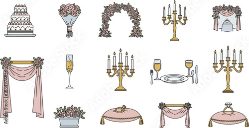 Elegant Wedding Celebration Essentials Vector Illustration Set for Festive Events and Ceremonies