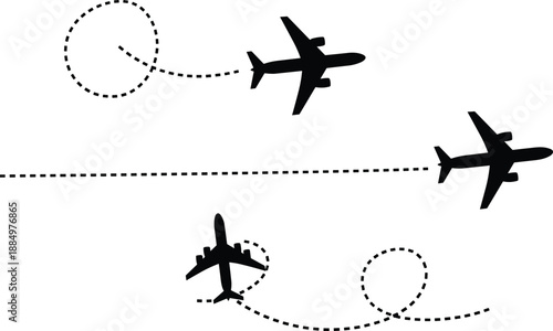 Black Airplane Silhouettes with Dotted Flight Path Lines Vector Illustration Set Isolated on White Background for Travel Tourism Aviation and Global Transportation Design Concepts