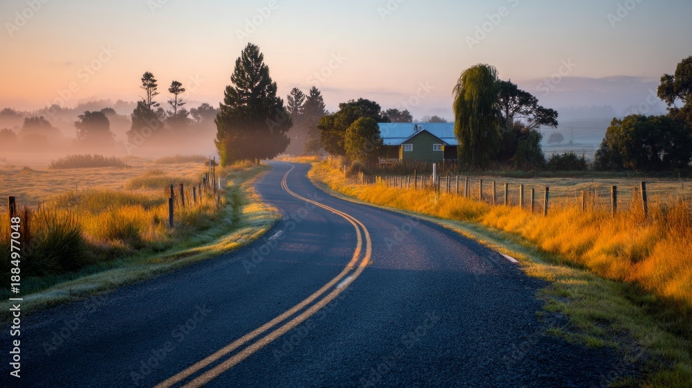 Fototapeta premium Serene Countryside Road in Morning Fog with Lush Greenery and Rolling Landscape