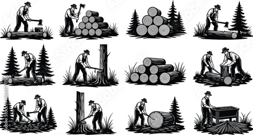 Lumberjack working with axe chopping wood forest silhouette set vintage style vector illustration for logging woodworking industry design