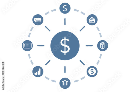 Central Finance Network: Dollar Hub with Interconnected Money Icons