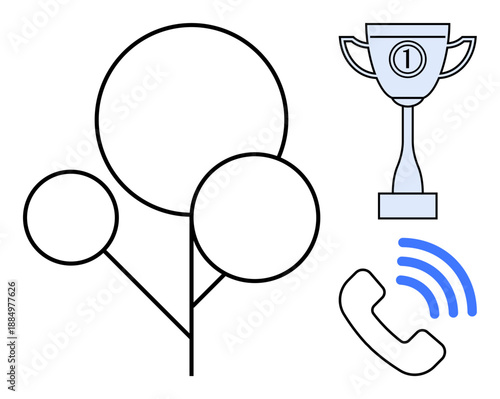 Communication concept. Communication ed by phone and blue sound waves, trophy for achievement, abstract tree structure for interconnected ideas. For teamwork, success, phone technology