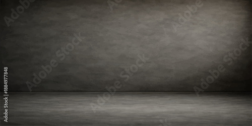 An empty dark room featuring aged concrete walls and a textured cement floor creates a vintage grunge interior with a dirty gray pattern and black metal accents for a moody backdrop