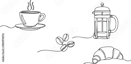 Coffee Cup French Press Croissant Line Art.