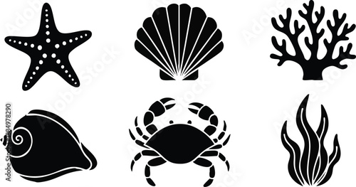 Black Silhouette Ocean Creatures and Plants.