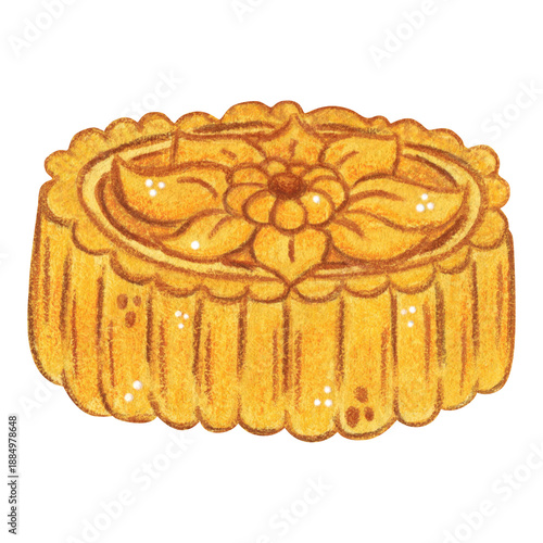 Mooncake, a treat. Hand-drawn watercolor illustration, cartoon. Design for stickers, scrapbooking, cards. Holiday, element, food, legend, Asia, China, symbol, Mid-Autumn Festival
