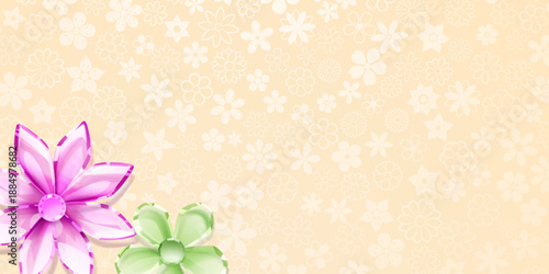 Beautiful pink and green crystal flowers on a beige floral pattern background with white flowers.