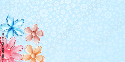 Crystal flowers in pink, blue, and orange hues on a light blue floral patterned background.