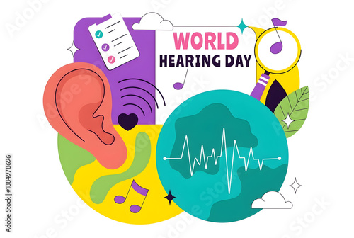 World Hearing Day Colorful Medical Illustration with Ear, Sound Waves and Health Icons
