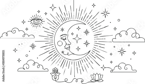 Mystical Sun Moon Celestial Body Illustration.