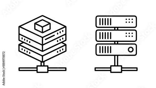 Server rack and stacked servers iconographic representation isolated on white background, Vector, illustration