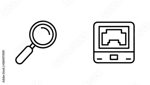 Magnifying glass and ethernet port icons for search and connectivity concepts isolated on white background, Vector, illustration