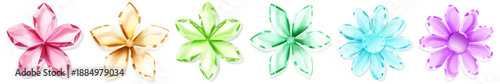 Set of crystal flowers in pastel shades with soft shadows on white background, resembling precious gems.