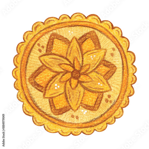 Round mooncake, a treat. Hand-drawn watercolor illustration, cartoon. Design for stickers, scrapbooking, and cards. Holiday, element, food, legend, Asia, China, symbol, Mid-Autumn Festival
