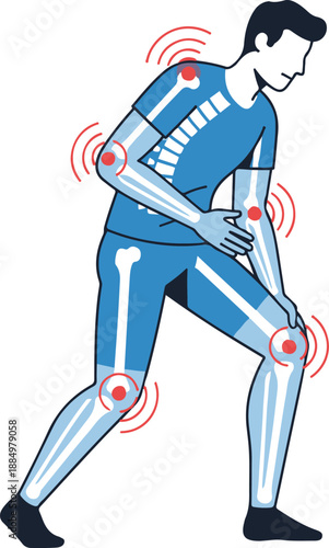 Vector flat illustration of a man suffering from multiple joint pains, depicted with a schematic X-ray view of his skeletal structure. 