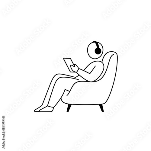 Person Relaxing in Armchair with Headphones and Tablet Line Art Icon