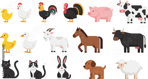 Large collection of cute flat farm animals and domestic pets icons including cow pig horse sheep chicken duck dog and cat for educational design