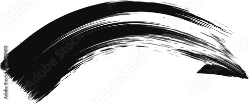 Hand drawn black grunge brush stroke arrow pointing right in a curved motion isolated on white background for creative design artistic direction and navigation