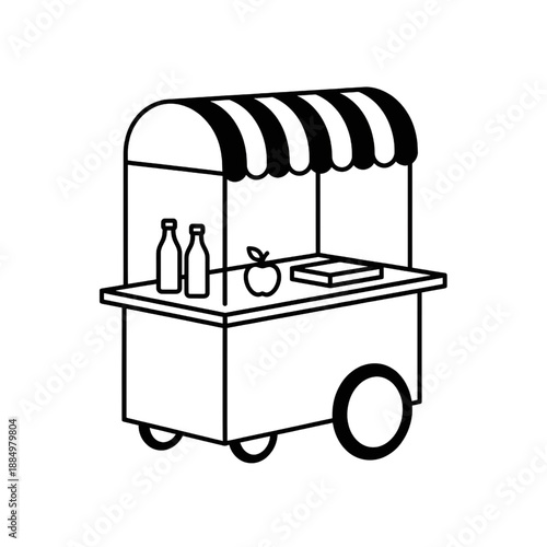 Minimalist Food Cart Street Vendor Stall with Canopy Line Art Illustration