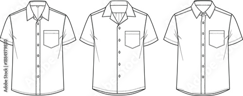 Men Short Sleeve Button Down Shirt Technical Flat Sketch Vector Set with Different Collar Styles and Pocket Details for Apparel Fashion Design CAD
