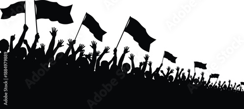 Crowd of People Silhouette Vector Illustration with Flags and Banners for Protest Revolution Sports Celebration Music Festival and Political Rally Events Isolated Design Background