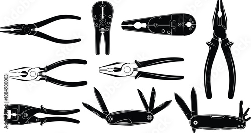 Silhouette collection of various pliers and multi-tools including needle-nose, wire stripper, and combination types for mechanical, electrical, and general-purpose tool illustrations