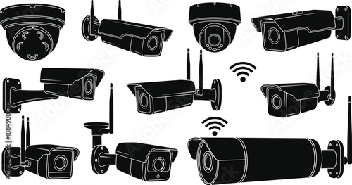 Silhouette collection of wireless surveillance cameras with dome and bullet styles, featuring Wi-Fi antennas for smart home and commercial security system illustrations