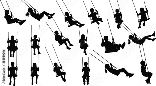 Silhouettes of children swinging in playful motion, capturing joyful childhood moments, dynamic movement, and outdoor fun in minimalist black and white vector illustration style.