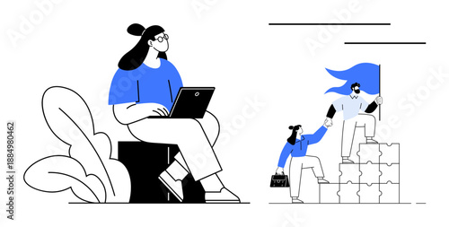 Teamwork, leadership, career development, collaboration, mentoring, problem-solving. A person working on a laptop and another climbing a puzzle stack with a flag. Teamwork and leadership ion