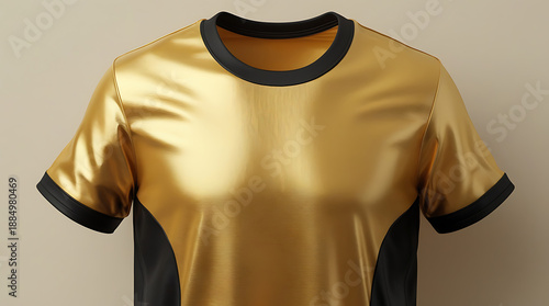 A nearly identical gold tee with black trims around neck and sleeve edges, softer lighting highlighting reflective surface and curved torso; 4K HD