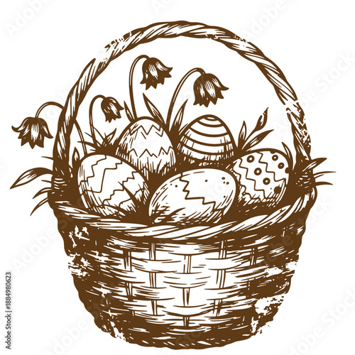 Drawing Vintage grunge  texture easter eggs in a basket with flowers  a basket filled with decorated eggs and flowers