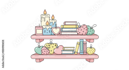 Digital illustration of a pink shelf with books, cakes, and decorative items on a white background.