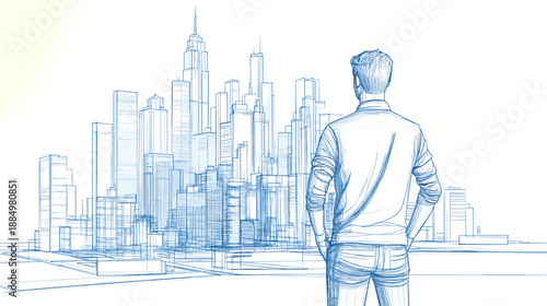 Man Standing in Front of City Skyline.