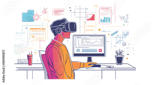 Man Wearing Virtual Reality Headset at Desk.