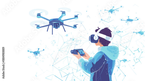 Man Wearing Virtual Reality Headset Controls Drone.