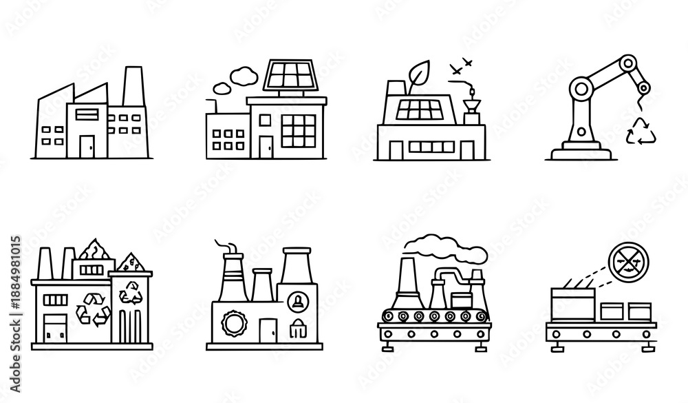 Fototapeta premium Isometric vector factory icon set with industrial, eco, and robotic symbols for modern web and UI design