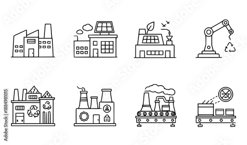 Isometric vector factory icon set with industrial, eco, and robotic symbols for modern web and UI design
