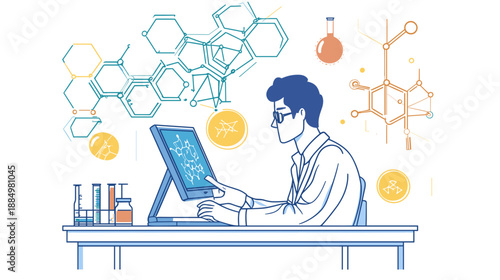 Scientist Working on Computer with Molecular Structures.