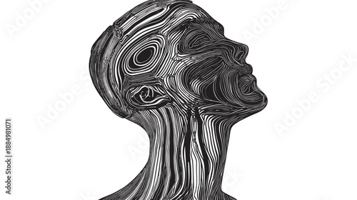 Sculpture of Human Head with Swirling Patterns.