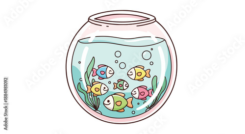Colorful cartoon illustration of multiple fish swimming in a round fishbowl with aquatic plants against a white background.