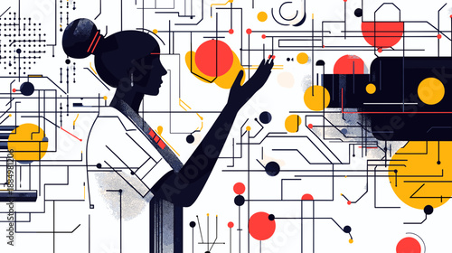 Woman interacting with digital interface technology.