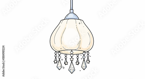 An elegant hanging light fixture with a glass shade and crystal drops against a white background in a simple line drawing style.