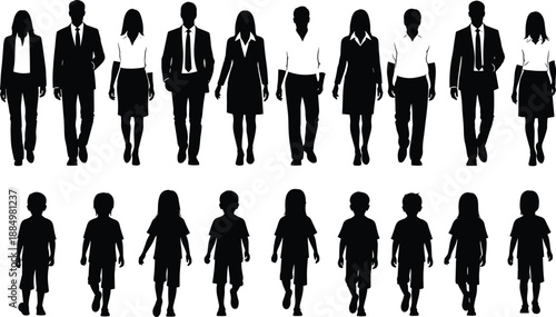 Large Collection of Professional Business People and School Children Silhouettes Walking Forward for Corporate Leadership Education Career Development and Diverse Social Community Group Graphics