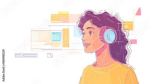 Woman Wearing Headphones and Looking Away.